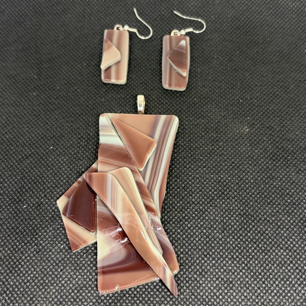 Vintage Estate Fused Art Glass Jewelry Set Abstract Sculptural MCM Pendant 60’s